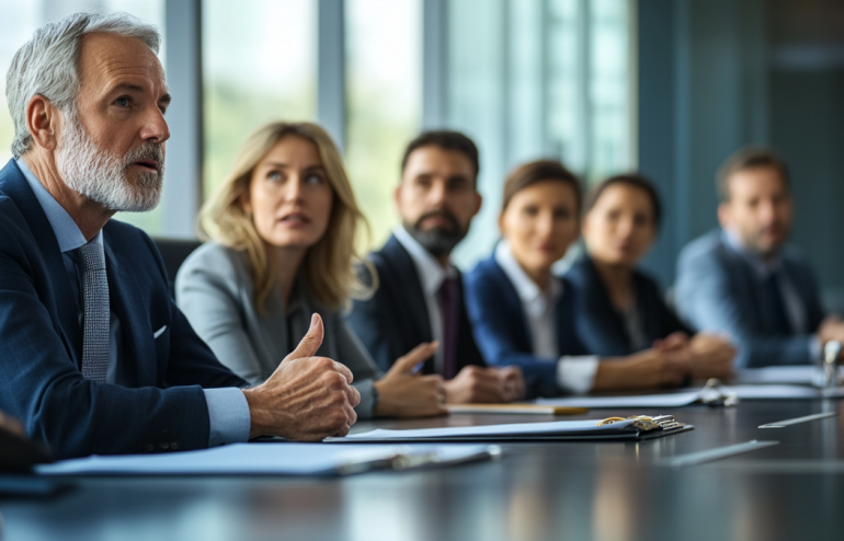 Tense steering committee meeting with an executive raising a difficult question while the presenter maintains composure, modern boardroom setting, navy and gold corporate aesthetic