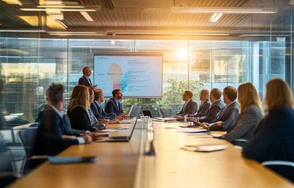 Senior executive presenting slides with data charts to a steering committee of professionals seated around a long boardroom table