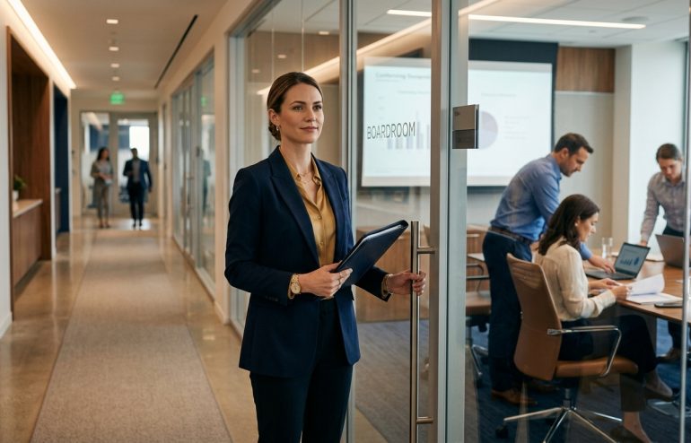 Professional woman in a navy blazer stands at a glass office door with a tablet, ready to greet visitors outside a boardroom.