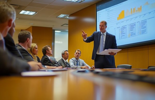 Male VP Strategy presenting annual strategic plan to a board of directors, large strategy framework slide visible on screen