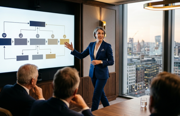 Senior executive presenting a strategic proposal to a boardroom, confident stance, navy and gold editorial palette.