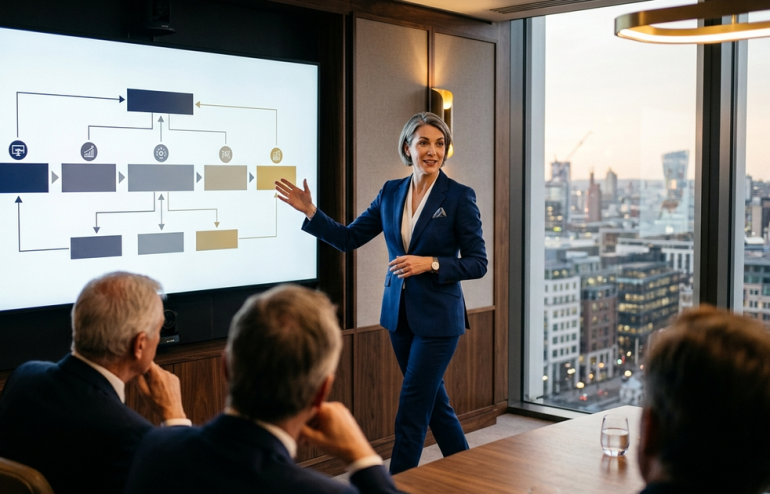 Senior executive presenting a strategic proposal to a boardroom, confident stance, navy and gold editorial palette.