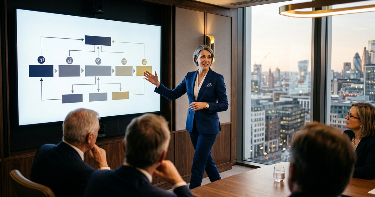 Senior executive presenting a strategic proposal to a boardroom, confident stance, navy and gold editorial photography