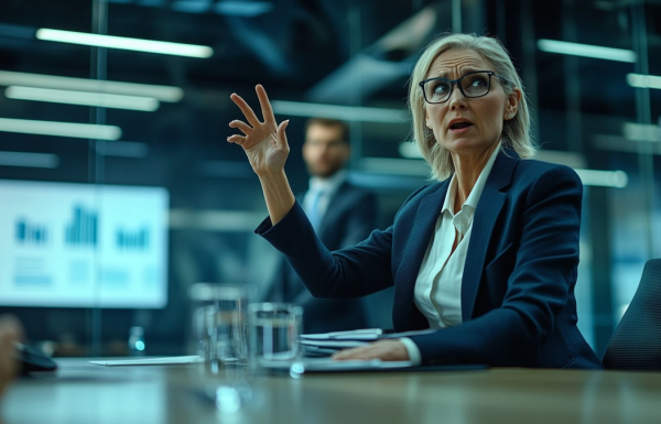 Executive woman gesturing while presenting strategy to boardroom with data slides visible on screen
