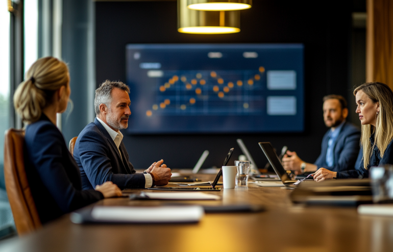 Executive boardroom prepared for a succession planning discussion with leadership pipeline slides on screen