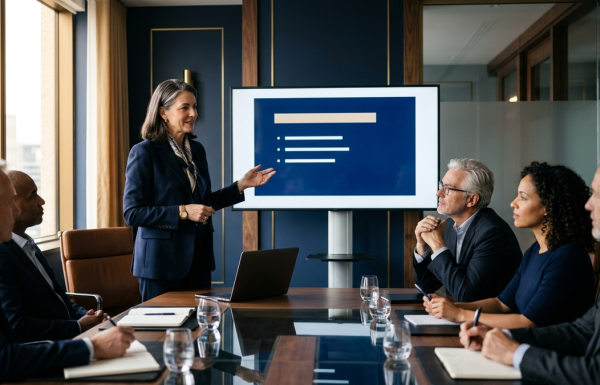Businesswoman presenting a slide to a seated group in a modern conference room, with a laptop on the table and a large screen displaying a blue slide behind her.