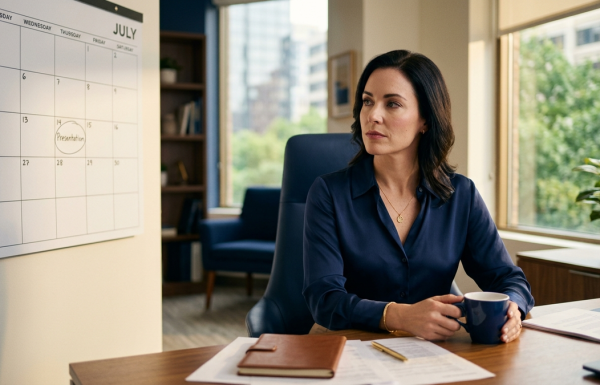 Woman in a navy blouse sits at a desk in an office, holding a mug with a July calendar on the wall behind her.