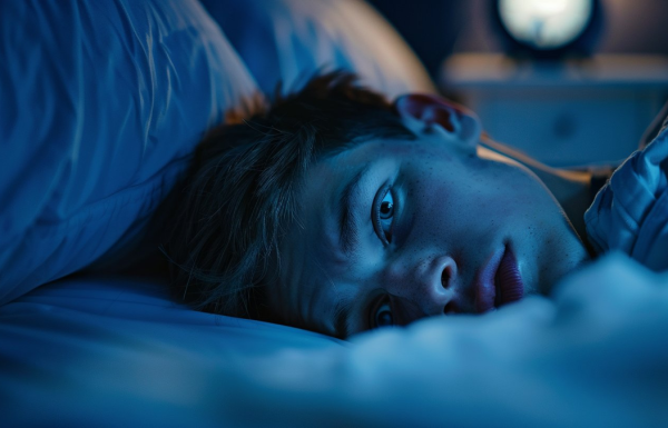 Person lying awake at night unable to sleep with clock visible, experiencing Sunday night presentation anxiety
