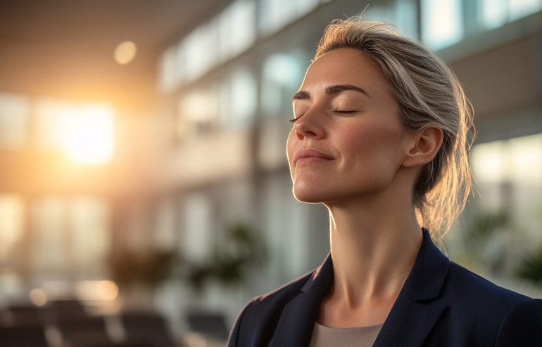 Woman with a slight smile and eyes closed thinking "I found what works."