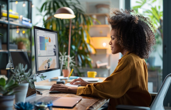Professional at desk comparing presentation layouts on screen, actively building slides in a bright modern office with natural lighting