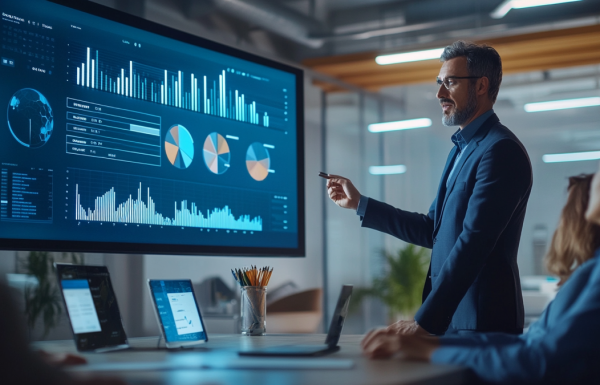 A manager presenting performance data on a projected screen to a small team in a modern meeting room, calm professional atmosphere, data charts visible on screen, editorial photography style