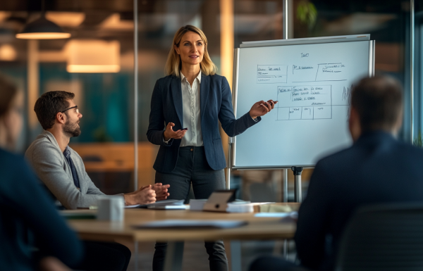 Project leader standing at whiteboard facilitating a team retrospective discussion with colleagues seated around a table, calm professional atmosphere, editorial photography style