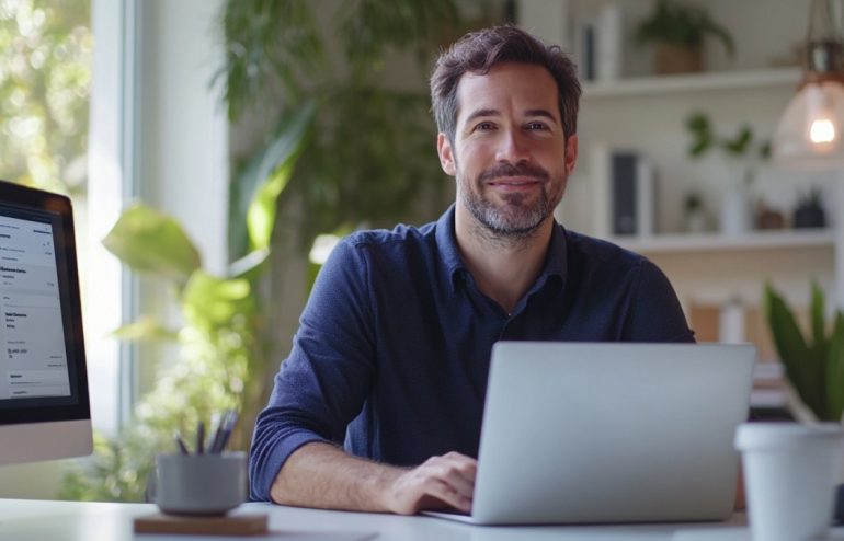 Male executive presenting via Microsoft Teams, confident expression, professional home office setting