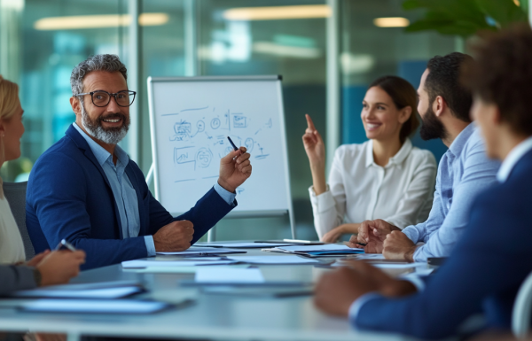 Technical presenter explaining a complex concept to non-technical executive board members using simple visual language, modern boardroom, navy and gold corporate aesthetic