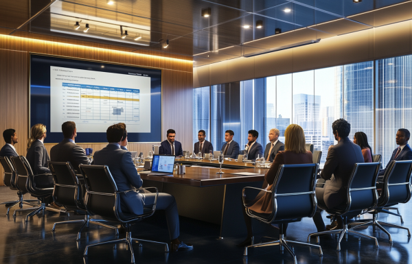 Executive technology evaluation meeting with IT and Finance leaders reviewing structured presentation slides in modern glass boardroom