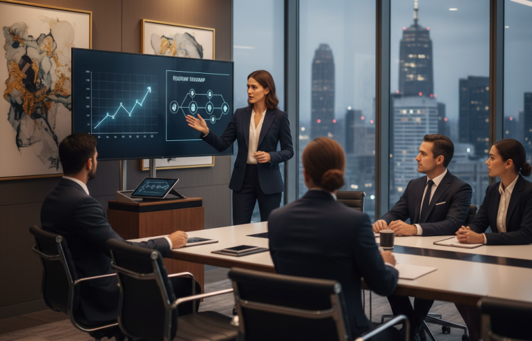 Businesswoman presents data on a large screens to colleagues in a modern conference room with city skyline outside the windows.