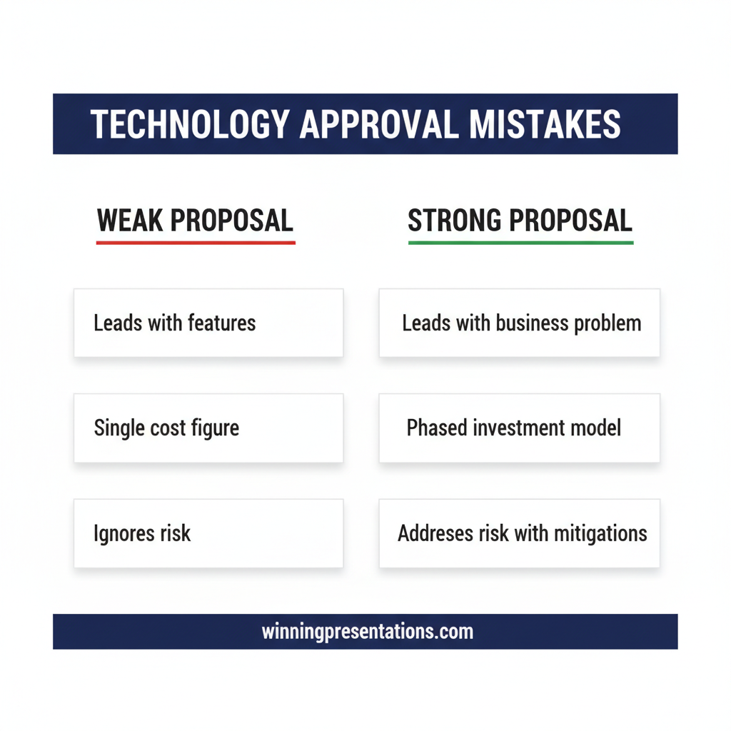 Infographic showing three-phase technology investment implementation roadmap with budget allocation percentages, exit criteria, and board review points