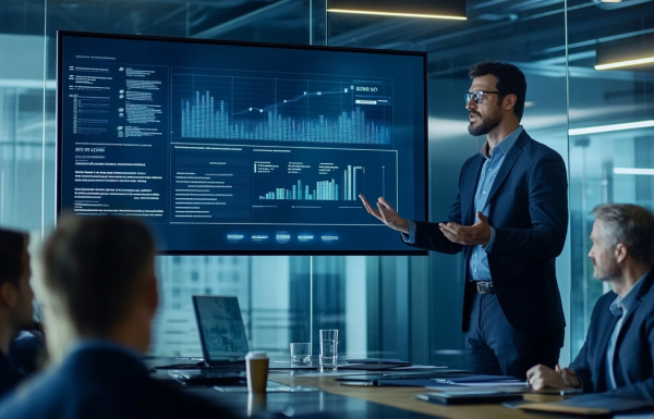 Male technology leader presenting a digital roadmap to a board in a modern boardroom, projected slides visible, editorial photography style