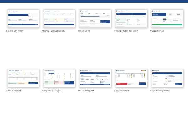 10 executive presentation templates - QBR, budget request, board meeting, investor pitch, strategic recommendation slides