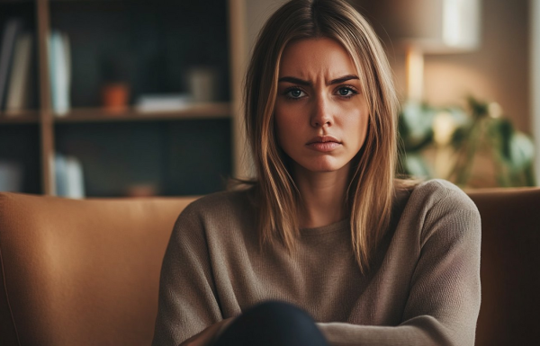 Professional woman in therapy session looking frustrated that treatment hasn't resolved her public speaking fear