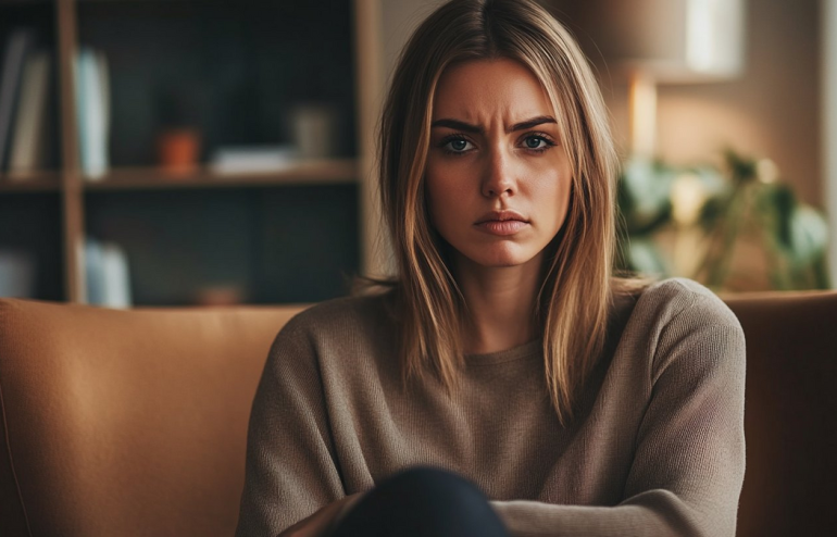 Professional woman in therapy session looking frustrated that treatment hasn't resolved her public speaking fear
