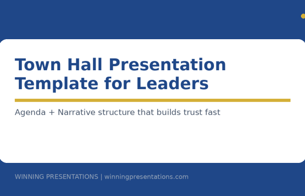 Town hall presentation template for leaders showing agenda and narrative slide structure