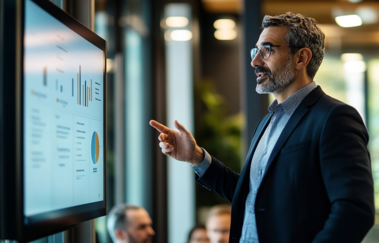 Man in a dark blazer presents data on a large screen displaying charts in a modern office setting.
