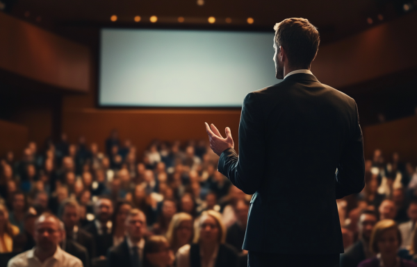Executive standing before a large town hall audience in a corporate auditorium delivering a trust-rebuilding address after organisational change, navy and gold corporate aesthetic