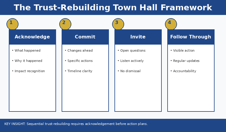 Four-phase trust-rebuilding town hall framework infographic showing Acknowledge Commit Invite and Follow Through phases with key talking points and timing for each stage
