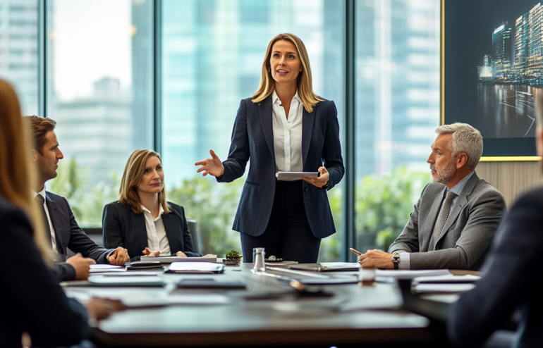 Senior female executive in a navy blazer presenting confidently to a boardroom of attentive directors, City skyline visible through the window behind her