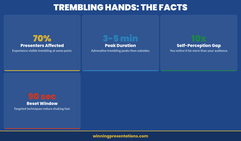 Trembling Hands The Facts dashboard infographic showing four metric cards: 70% of presenters affected, 3-5 minute peak duration, 10x self-perception gap, and 90-second reset window