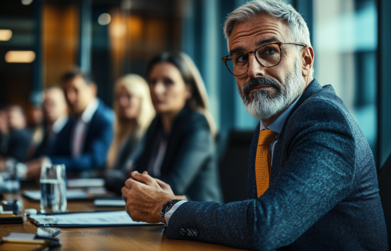Executive responding to a challenging question during a board presentation