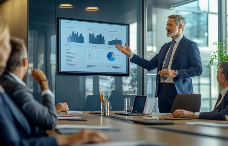 Executive standing at the head of a boardroom table presenting a financial recovery plan with a clean slide on screen showing structured numbers and a recovery timeline, navy and gold corporate aesthetic