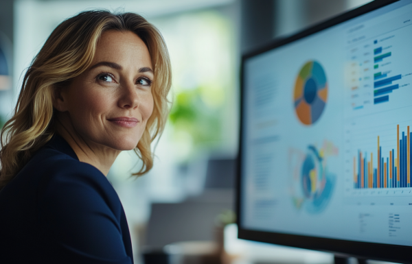 Professional woman using Copilot to generate charts in PowerPoint presentation