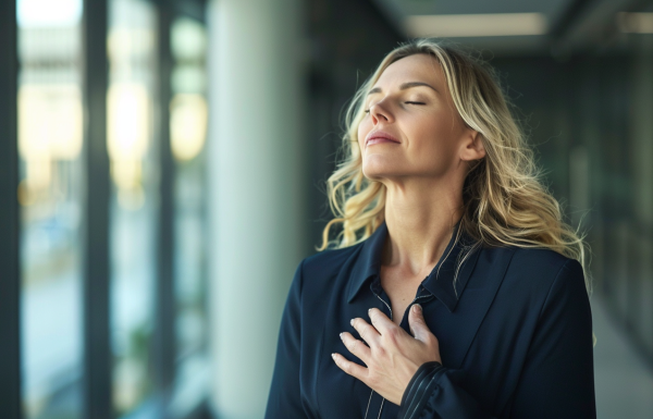 Professional woman with hand on chest, eyes closed, showing relief and calm after using presentation breathing techniques