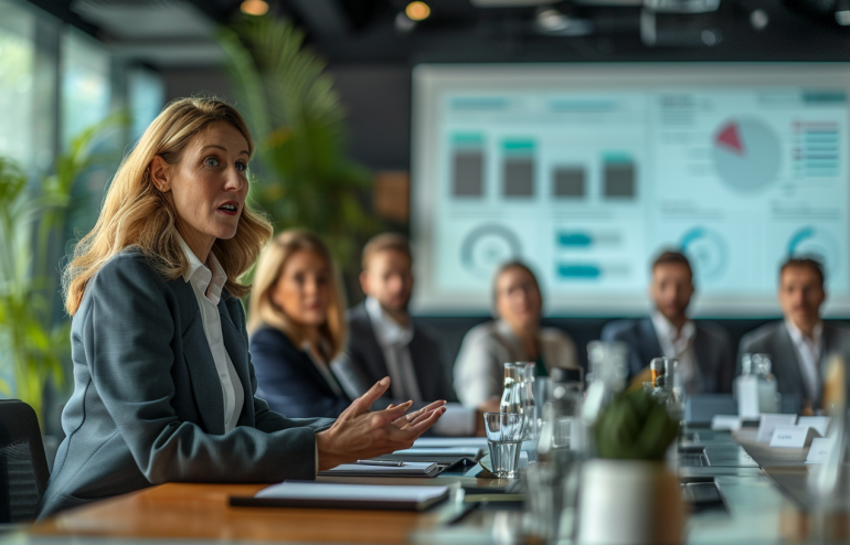 Executive presenting to leadership team in boardroom meeting.