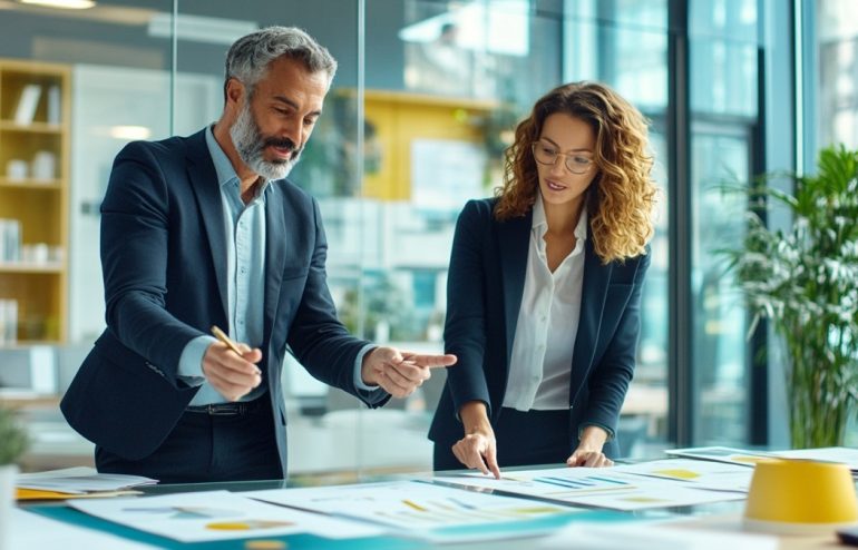 Two executives in a modern glass office engaged in a focused collaborative discussion over a presentation deck, warm professional lighting, editorial photography style