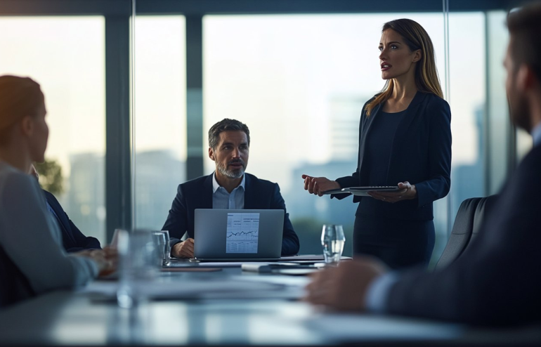 Professional woman presenting upward feedback to senior executives in boardroom with performance data charts visible on screen and laptop