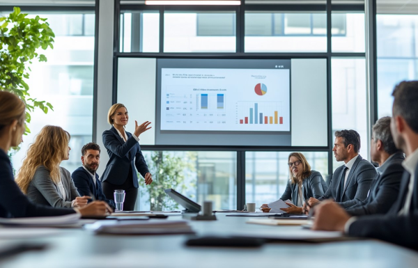 Female executive in navy blazer standing and presenting vendor comparison data with bar charts and pie chart on screen to a committee of seated professionals in a modern boardroom