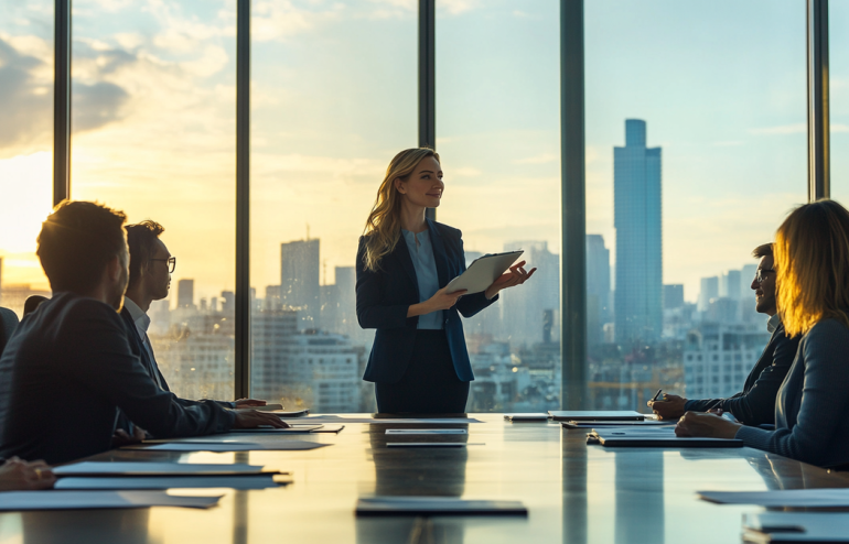Executive presenting a vendor selection pitch to a procurement committee in a modern glass boardroom, professional corporate photography