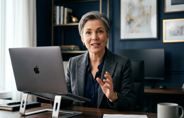 Senior female executive presenting from a home office with eye-level laptop camera, front lighting, and the upper third of the frame filled by her face