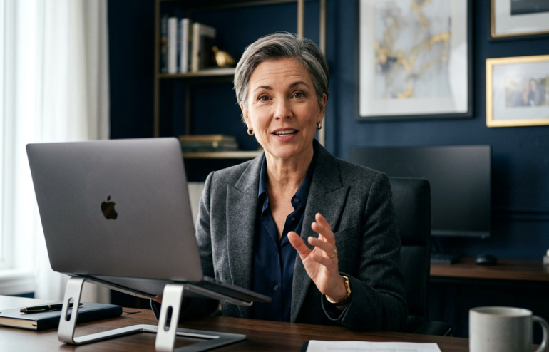 Senior female executive presenting from a home office with eye-level laptop camera, front lighting, and the upper third of the frame filled by her face