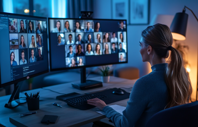 Professional managing a virtual Q&A session with multiple screens showing remote participants