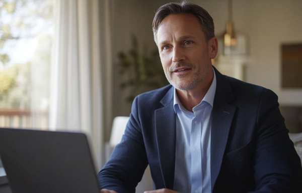 Man in a navy blazer sits at a laptop in a bright home office, looking engaged