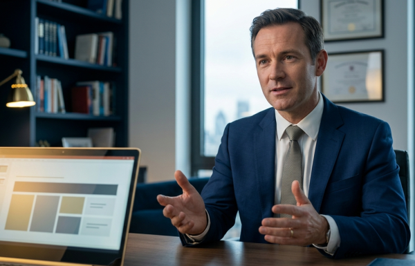 Senior UK executive presenting confidently from a modern home office over a video call, laptop in foreground showing a structured executive slide layout, navy bookshelf and brass desk lamp behind, navy and gold editorial photography.