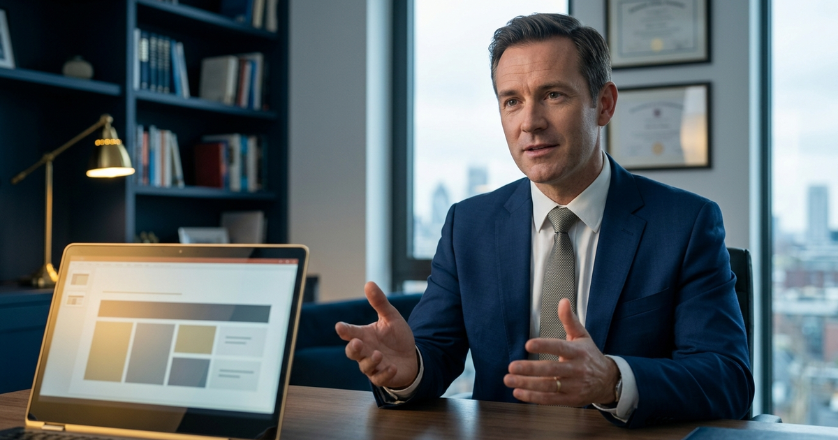 Senior executive presenting confidently on a video call from a modern UK home office, navy suit and gold accents, laptop screen showing a structured slide, editorial photography