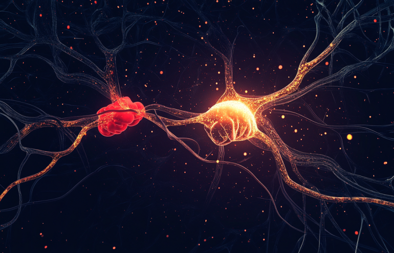 Abstract representation of a brain with neural pathways illuminated in navy and gold tones against a dark professional background suggesting threat and calm pathways