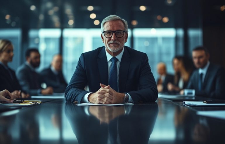 Male executive answering a challenging question in an investment committee meeting, calm measured expression, senior questioners visible around the table, formal boardroom setting
