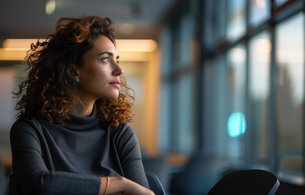 Professional reflecting on past presentation experience with contemplative expression