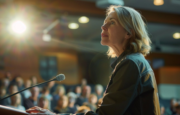 Professional pausing confidently mid-presentation, moment of composure